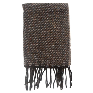 Detail shot of winter scarf with mixed colors, thick knit texture and fringe edges
