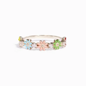 Elegant silver ring with colorful enamel flowers and shimmering cubic zirconia accents