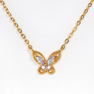 Gold plated butterfly necklace with multi-color gemstone inlay on white background