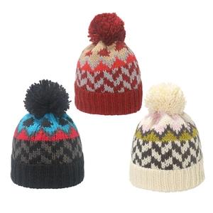 Bonnet En Tricot Pour Femmes Avec Gros Pompon Hiver Chaud Acrylique Motif Géométrique Ondulé Jacquard Chic Revers Côtes