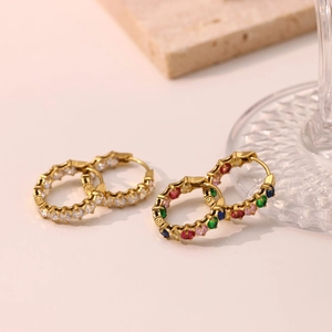 Elegant gold hoop earrings featuring multi-colored cubic zirconia and clear gemstones