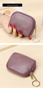 Detail of genuine leather mini coin purse with lychee texture in lotus root purple