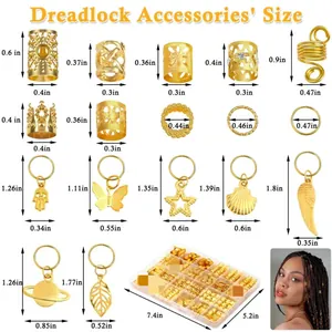 Size chart for dreadlock jewelry including cuffs, rings, and butterfly shell charms