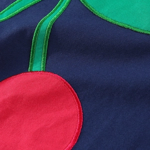 Short sleeve girls navy knit dress featuring detailed red cherry embroidery and satin stitch