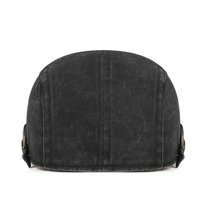 Vintage washed black denim flat cap for men and women with adjustable metal buckle strap