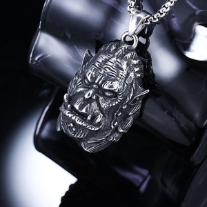 Silver punk orc skull stainless steel pendant necklace with detailed fantasy engraving