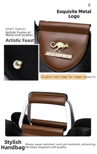 Detail of kangaroo gold logo and metal feet on a textured PU leather tote bag