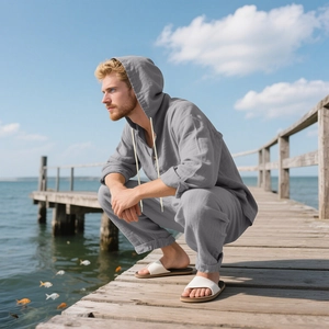 Men's grey linen hooded shirt and pants set shown in a relaxing beach scene on a boardwalk