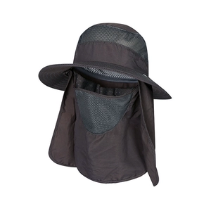 Macro shot of breathable mesh area and neck flap on charcoal grey sun protection hat