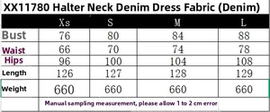 Detailed size chart for halter backless denim maxi dress showing dimensions in XS to L