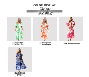 Color display of elegant floral off-shoulder dresses in four vibrant multi-color patterns