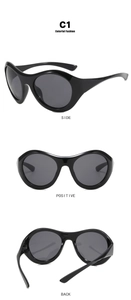Three-view display of black Y2K sports sunglasses showing front, side and back details