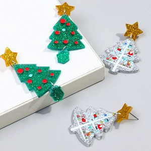 Christmas tree acrylic star earrings with green glitter and silver hand-painted details
