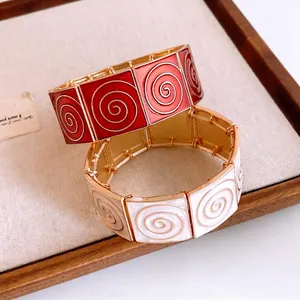 Retro Vintage Square Patchwork Elastic Bangle Bracelet Alloy Enamel Spiral Pattern Wide Jewelry For Women