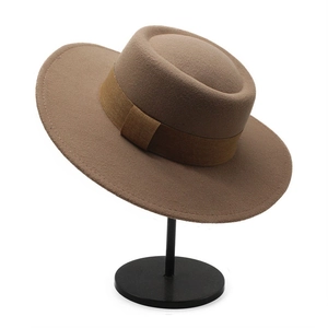 Caramel flat top wool felt fedora with wide brim and ribbon band for autumn winter
