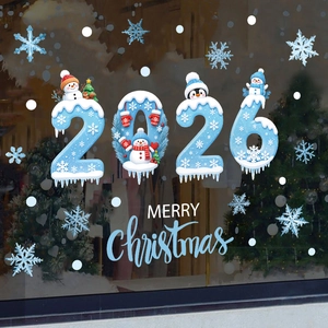 Blue snowman and snowflake 2026 Merry Christmas window stickers for holiday home party decor