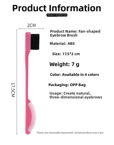 Detailed view of pink double-headed eyebrow brush with ABS handle and 17.5x2cm dimensions