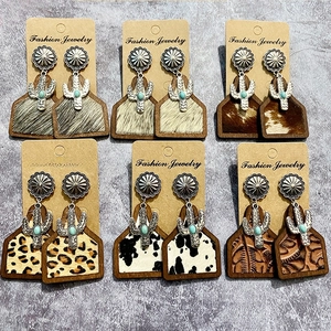 Western Dangle Earrings Alloy Wood Genuine Leather Horsehair Cactus Turquoise Bohemian Retro Ethnic Style For Women