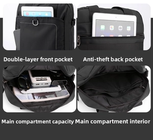 Business briefcase with multiple compartments showing front pockets and anti-theft storage