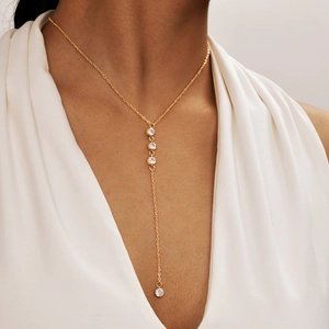 Elegant gold Y-shaped stainless steel necklace with round cubic zirconia tassel charms