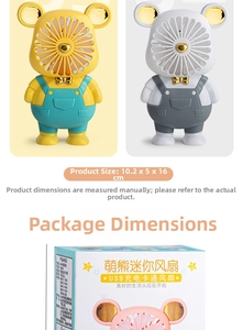 Detail view of mini pet-shaped fans in yellow and white with USB charging and dimensions