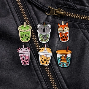 Set of 6 cute animal bubble tea enamel pins on black leather jacket showing creative designs