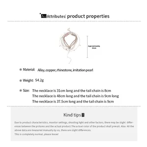 Detailed size specifications for layered pearl and rhinestone pendant necklace set