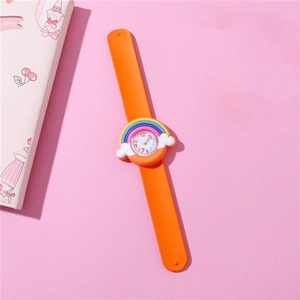 Detail of kids slap watch with orange silicone strap and cute rainbow cloud dial design