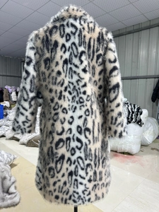 Detail view of the leopard print faux fox fur coat back with sharp texture and long fit