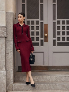 French style burgundy ribbed knit midi dress with flare sleeves and black polo collar details