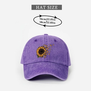 Detailed sizing chart for purple sunflower baseball cap showing 56-58cm head measurement