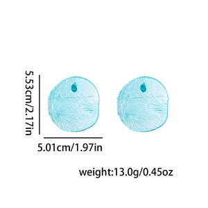 Detail view of blue acrylic oval earrings with size measurements 5.53cm and weight 13.0g