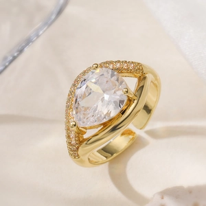 Elegant 18K gold plated ring featuring a pear-cut zircon and adjustable open band design