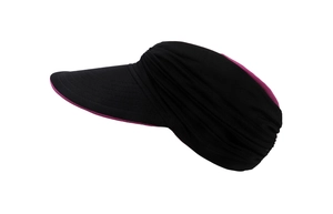 Detail of a black and purple sun visor hat with elastic fabric and pleated design