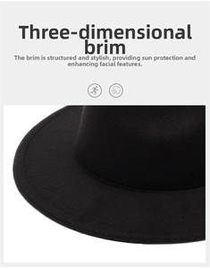 Detailed close-up of a wide brim black wool fedora hat with structured felt texture