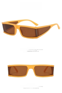 Macro view of jelly yellow square sunglasses frame with brown lenses in two angles