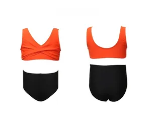 Front and back view of girls' two-piece swimsuit with orange top and black high-waisted bottom