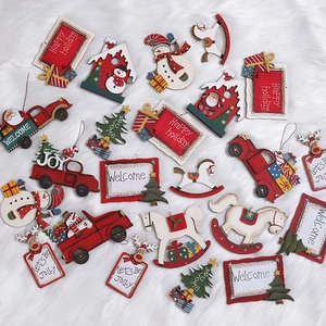 Christmas Wooden Hanging Ornaments Painted Reindeer Santa Red Truck Rocking Horse House Tree Festive Holiday Home Party Decor