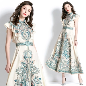 Robe Maxi À Imprimé Floral Cachemire Vintage Élégante Col À Revers Manches Volantées Robe Longue Trapèze Avec Ceinture Femmes