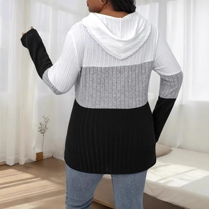 Back view of color-block hooded sweatshirt with ribbed knit texture in black and grey