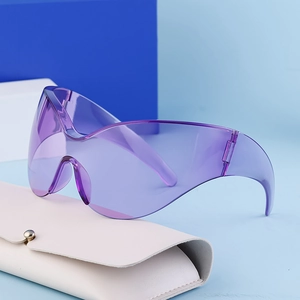 Stylish purple oversized wrap-around sports sunglasses with matching leather hard case