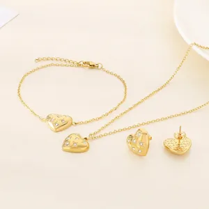 Heart Jewelry Necklace Bracelet Earrings Stainless Steel Rhinestone Quilted Elegant Fashion For Women
