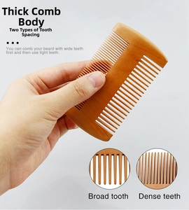 Close-up of double-sided wood comb showing fine and wide teeth details for beard styling