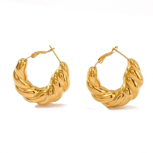 Minimalist gold croissant texture stainless steel hoop earrings with polished finish