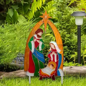 Outdoor nativity scene garden stake featuring the Holy Family with a Bethlehem star