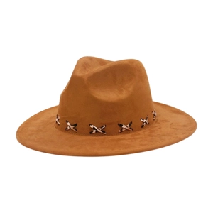 Brown wide brim western cowboy hat with leopard print band and cross stitching