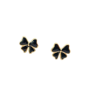 Elegant black oil-dripped bow stud earrings in polished gold-plated stainless steel