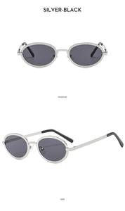 Detailed views of vintage oval sunglasses with silver textured metal frames and black lenses