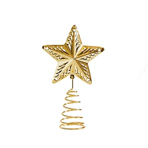 Golden iron Christmas tree star topper with elegant hollow metal pattern on white background