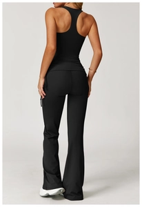 Back view of black racerback tank top and high waist flare yoga pants for fitness
